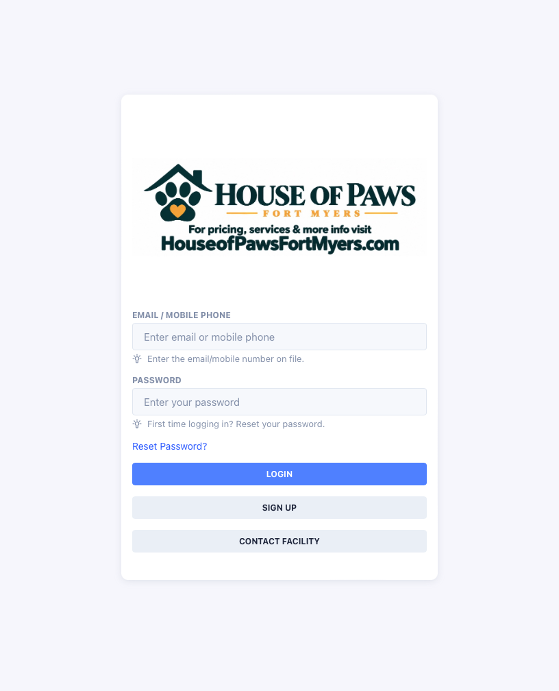Gingr login screen with email or mobile phone, password and Reset Password